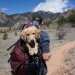 Man hiking with puppy golden retriever